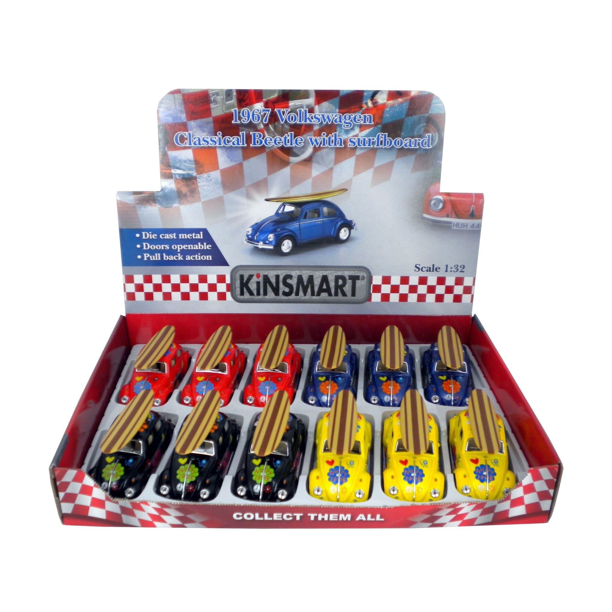 1967 Volkswagen Beetle w/Surfboard Car Display - 12pcs