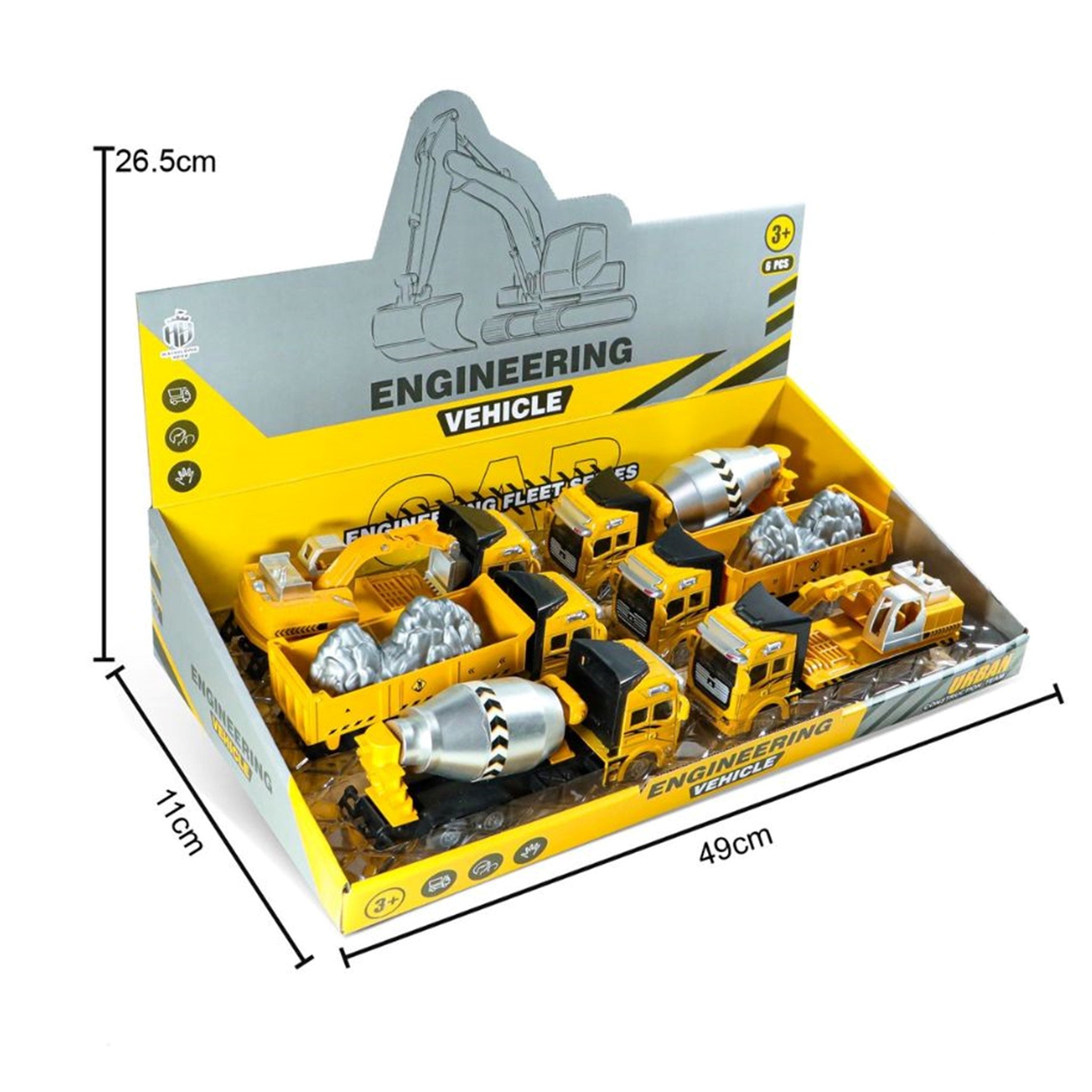 Die Cast Construction Truck Pull Back Display - 6pcs