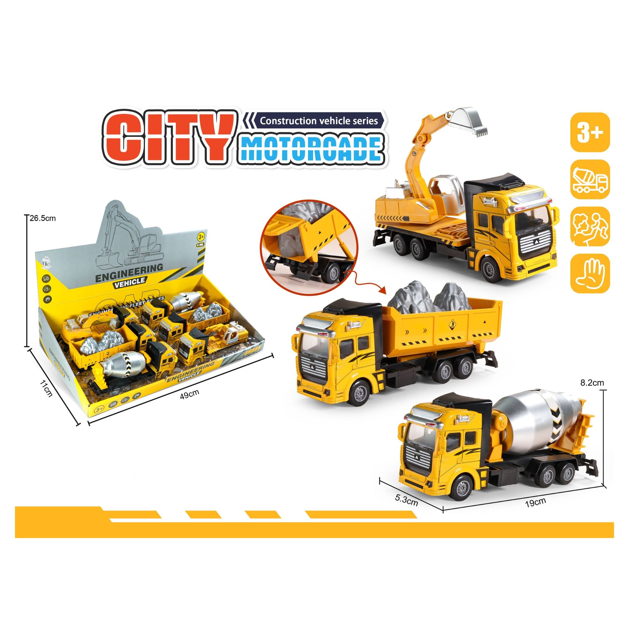 Die Cast Construction Truck Pull Back Display - 6pcs